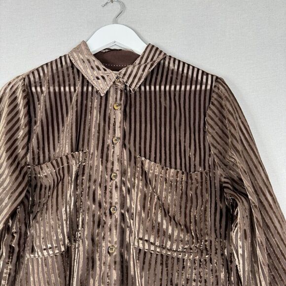 Pilcro Anthro Womens Top Large Brown Velvet Burnout Pinstripe Shirt Holiday Boho - Picture 2 of 12